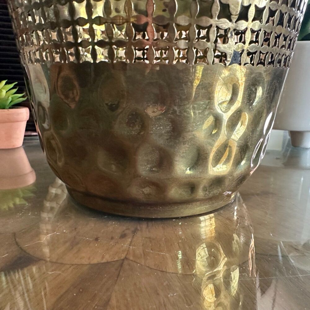 Vintage Hammered Brass Reticulated Planter Cachepot, MCM Decorative Storage - Picture 6 of 11